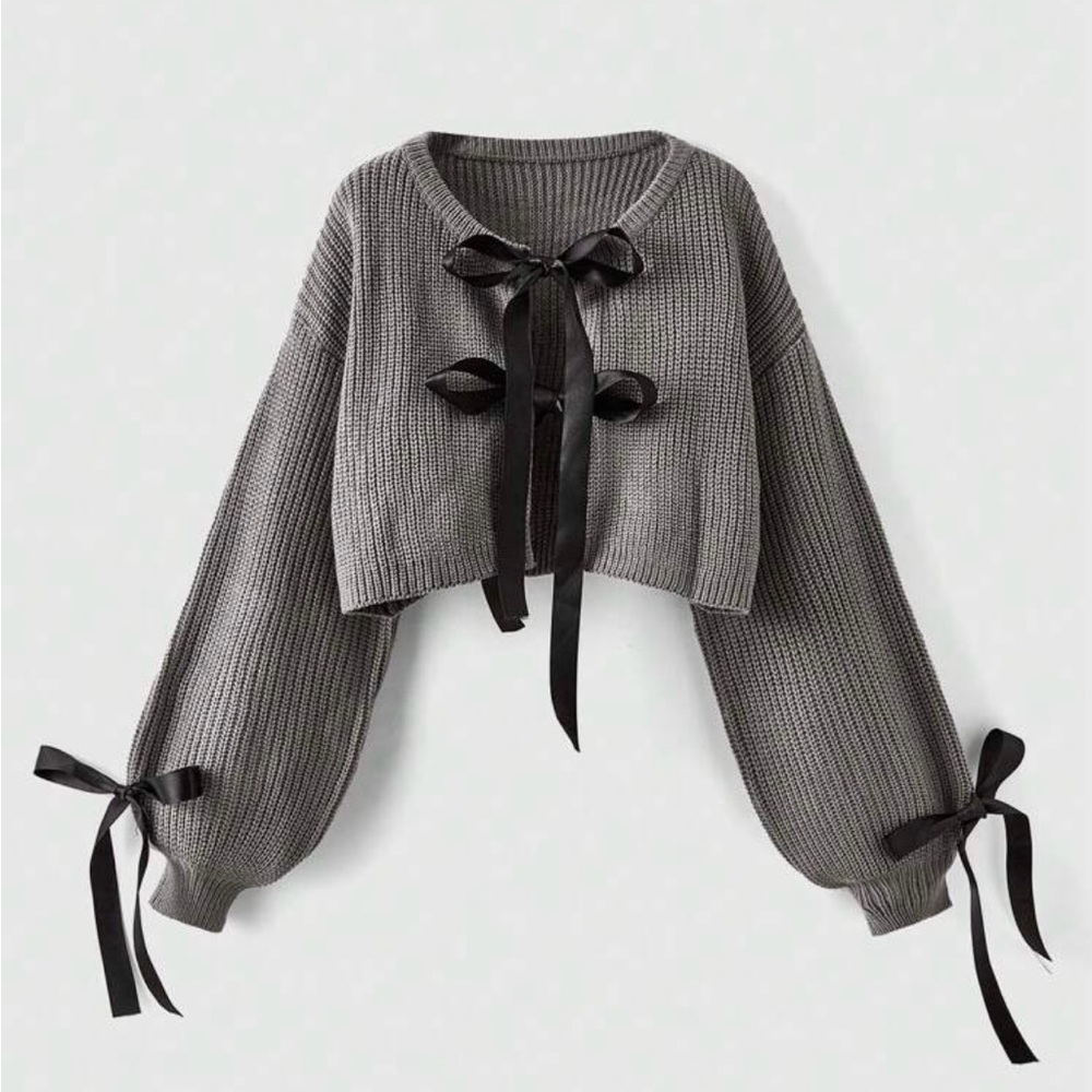 ROMWE Gray Cardigan with Black Ribbon Details